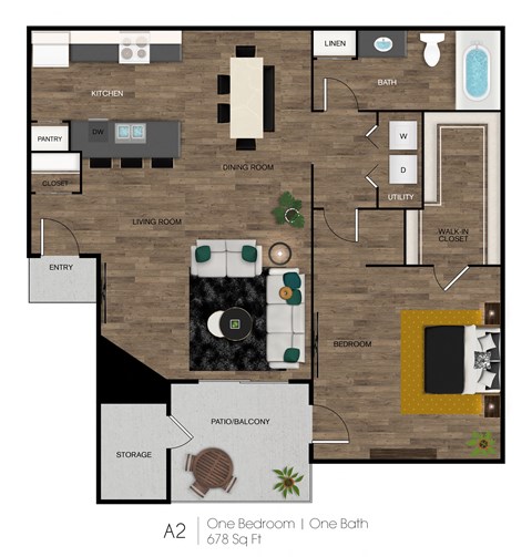 Floor plan for 1 bed, 1 bath, 678 sqft
